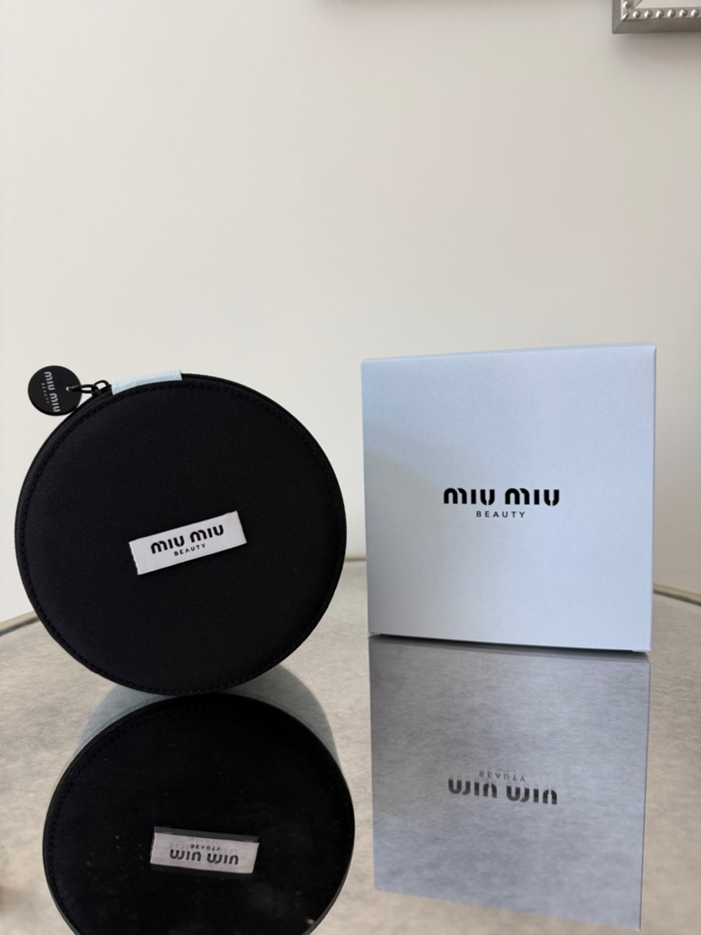 Authentic Miu Miu Round Hard Vanity Cosmetic Case in pale Blue with black lid